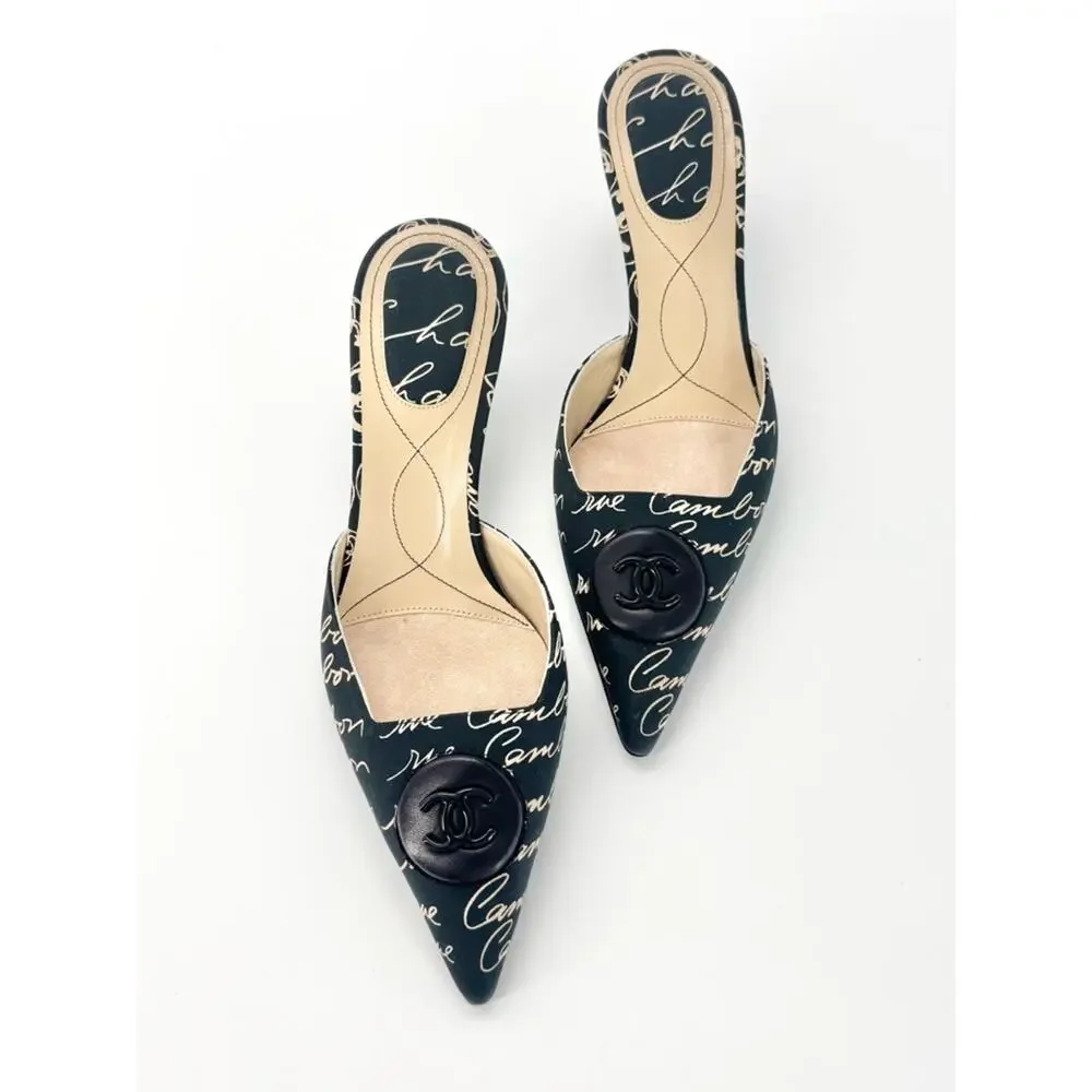 Vintage Chanel 2006 Cruise Script CC Logo Pointed Toe Kitten Heel Mules 38